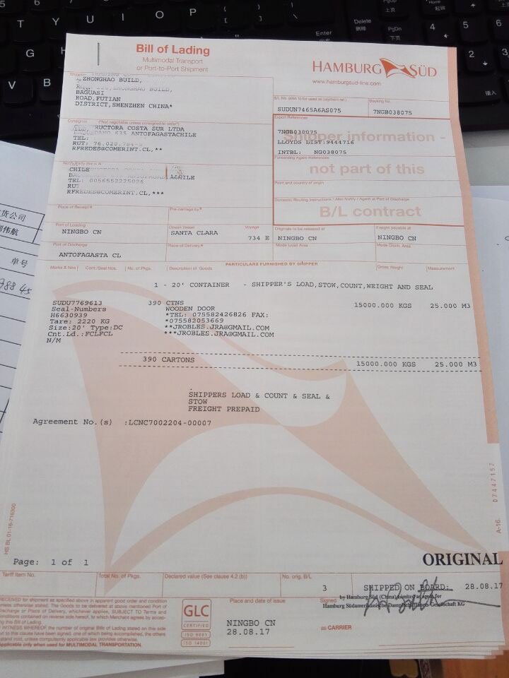 shipping bill of lading